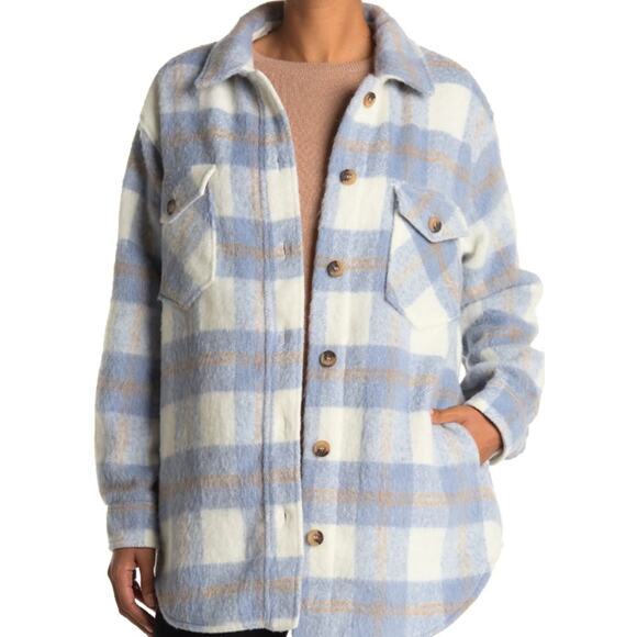 RDI Brushed Plaid Flannel Brushed Oversized Shacket Jacket Blue Women's Size L - Picture 1 of 12